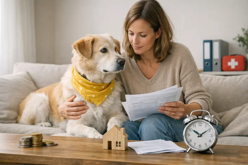 Tarifvergleich für Hundevericherungen Eine aufmerksame Hundebesitzerin vergleicht verschiedene Haustierversicherungstarife für ihren Hund.