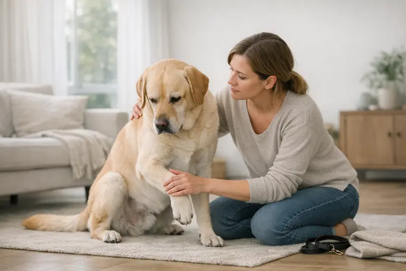 Hund mit Lahmheit beim Tierarzt Ein Hund mit Lahmheit erhält tierärztliche Hilfe für seine Gelenke.