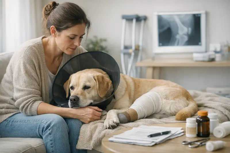 Tierärztliche Untersuchung bei Gelenkproblemen Ein Hund mit Gelenkproblemen erhält eine tierärztliche Untersuchung.