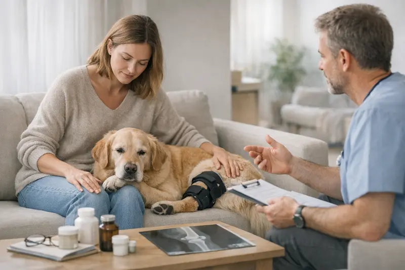 Tierarztuntersuchung Hund Gelenkprobleme Ein Hund mit Gelenkproblemen wird von einem Tierarzt untersucht.