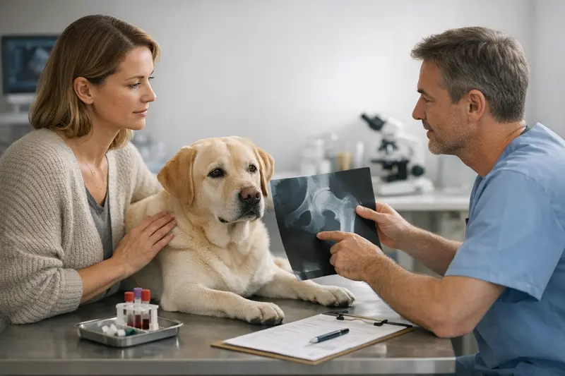 Röntgenuntersuchung Hund Tierarzt, der ein Röntgenbild eines Hundes prüft, um Diagnosen zu stellen.