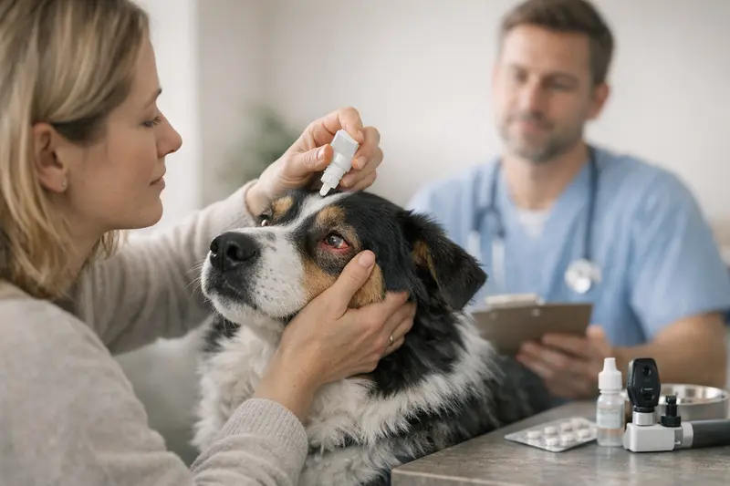 Hund und Tierarzt bei Augentropfen-Behandlung Ein Hund erhält Augentropfen beim Tierarzt zur Behandlung seiner Augenprobleme.
