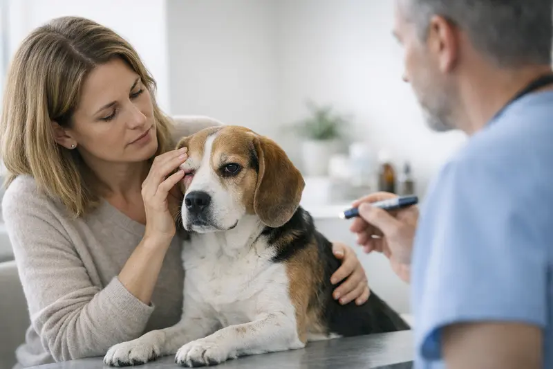 Gerötetes Auge beim Hund Ein Hund mit gerötetem Auge, der aufmerksam in die Kamera schaut.