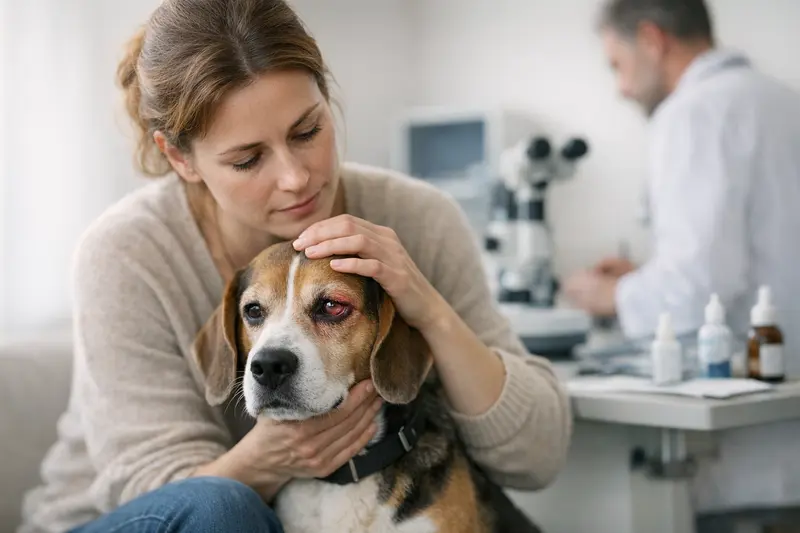 Tierarzt untersucht das Auge eines Hundes auf mögliche gesundheitliche Probleme