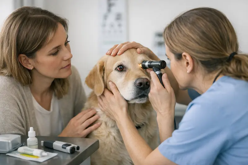 Tierarzt untersucht das Auge eines Hundes auf mögliche Augenprobleme.
