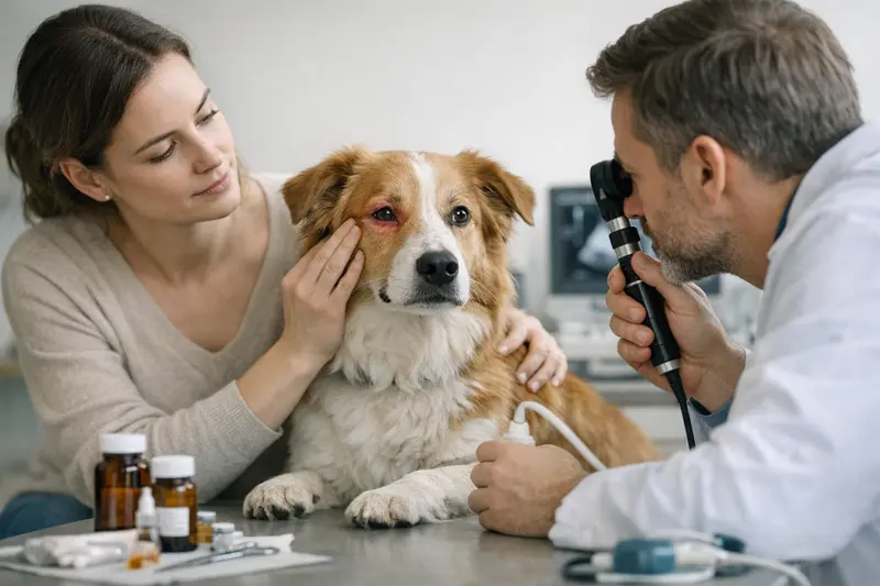 Augenprobleme Hund Tierarzt Hund beim Tierarzt, der seine Augen auf mögliche Probleme untersucht.