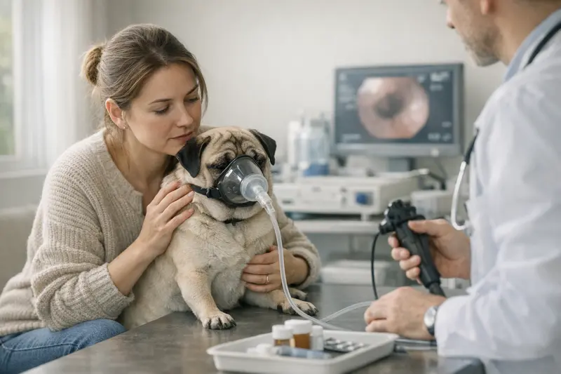 Tierarzt untersucht Hund mit Atemwegssymptomen auf mögliche Erkrankungen.