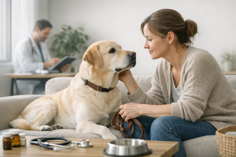 Vorsorge und Kostenkontrolle bei Hundekrankenversicherung Hundehalter diskutiert mit Tierarzt über die Bedeutung von Vorsorge für die Gesundheitskosten seines Hundes.