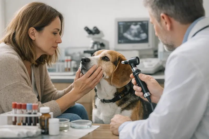 Tierarztkosten bei unklaren Symptomen bei Hunden Tierarztuntersuchung eines Hundes mit unklaren Symptomen zur Überprüfung der Gesundheit.
