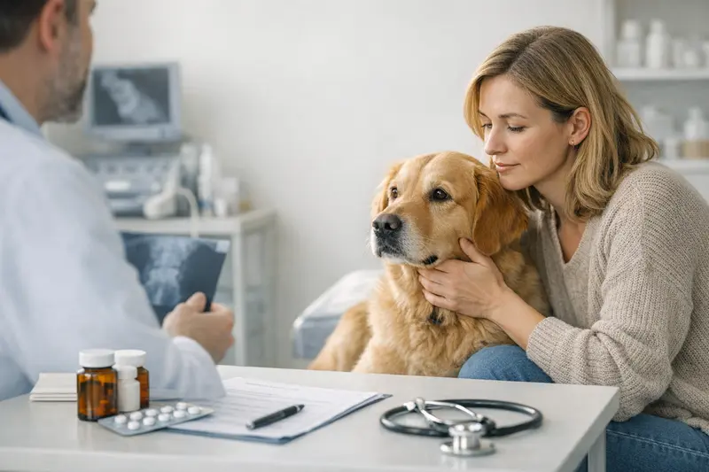 Hund beim Tierarzt zur Tarifberatung Einen Hund bei einem Tierarzt besuchend, der die Relevanz der richtigen Tarifwahl verdeutlicht.