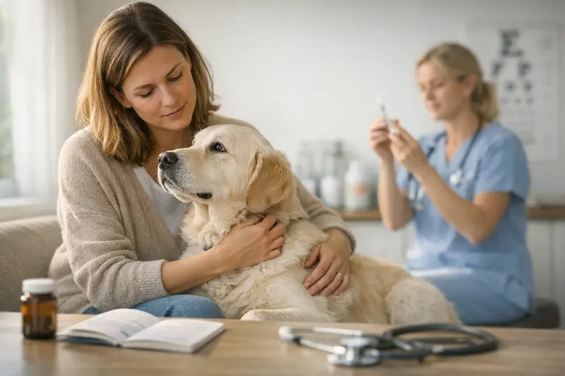 Impfungen und Vorsorge in der Tierkrankenversicherung Tierarzt bei der Untersuchung eines Hundes, der sich gegen Krankheiten impfen lässt.