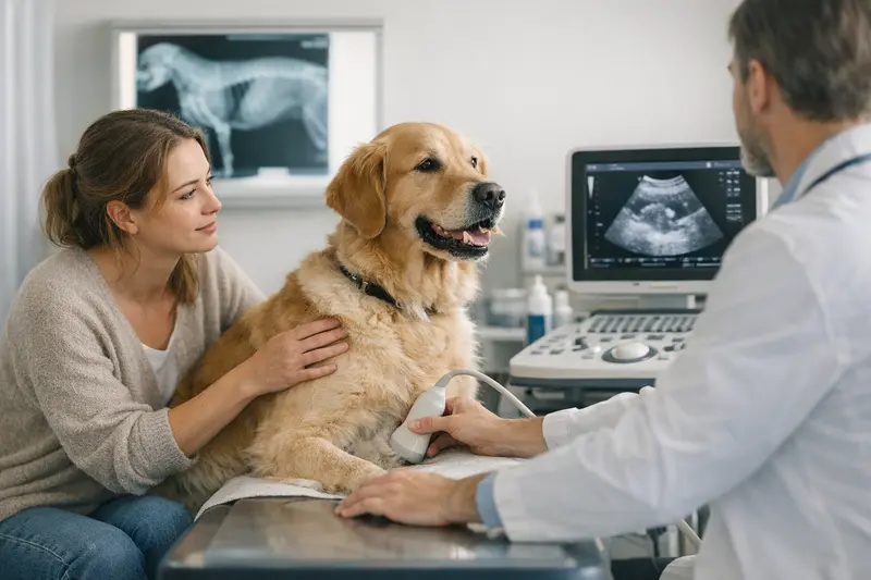 Röntgenuntersuchung Hund Tierarzt Tierarzt bei der Durchführung einer Röntgenuntersuchung an einem Hund, veranschaulicht die diagnostischen Leistungen von Tierversicherungen.