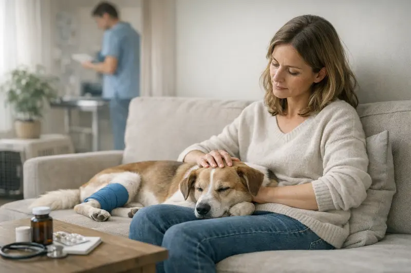 Hundegesundheit: OP-Versicherung vs. Krankenversicherung Hundehalter bespricht medizinische Optionen zur Absicherung der Gesundheit seines Hundes mit einem Tierarzt.