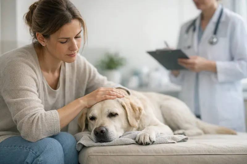 Hund sollte bei Durchfall oder Erbrechen zum Tierarzt Ein Hund mit Durchfall und Erbrechen steht besorgt vor einem Tierarzt