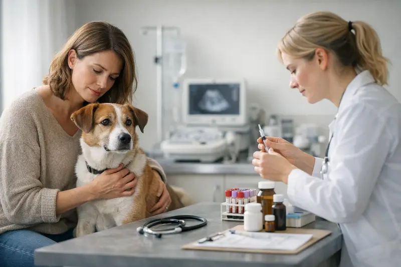 Hund beim Tierarzt für Gesundheitscheck Ein Hund beim Tierarzt in einer Behandlungssituation zur Untersuchung von Beschwerden.