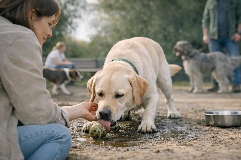Ein Hund schnüffelt an einer kontaminierten Fläche, was Ansteckungsgefahren aufzeigt.