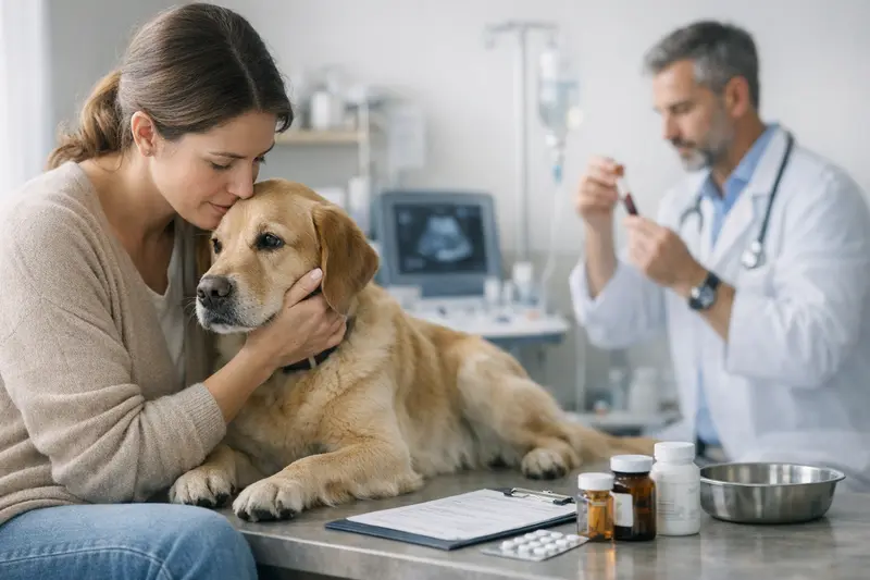 Hunde mit Magen-Darm-Problemen beim Tierarzt auf einer Untersuchungsliege.