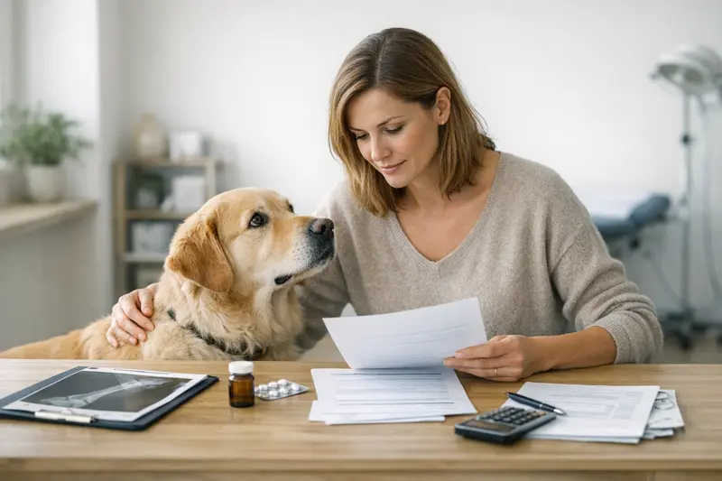 Tierarztkosten sinnvoll vergleichen Hund beim Tierarzt, der Behandlungskosten verglichen wird.