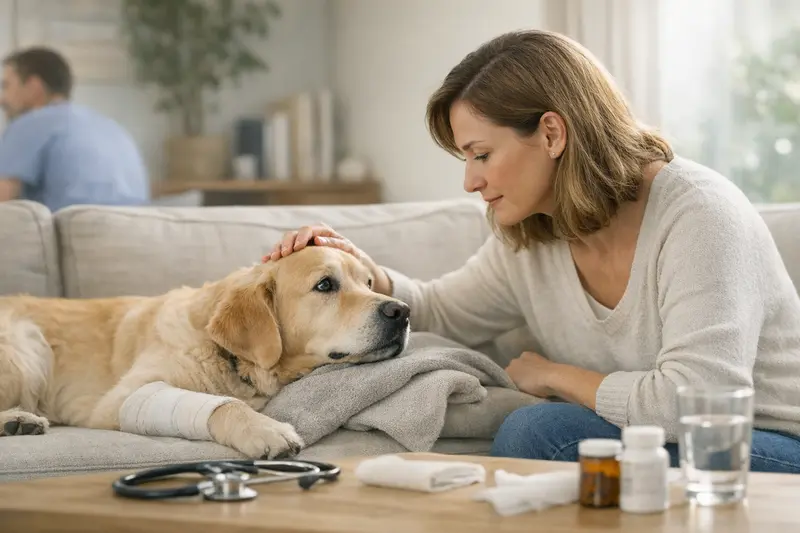 OP-Schutz für Hunde – wichtige Aspekte Ein Hund wird in einer Tierarztpraxis behandelt, während ein Tierarzt die OP-Möglichkeiten bespricht.