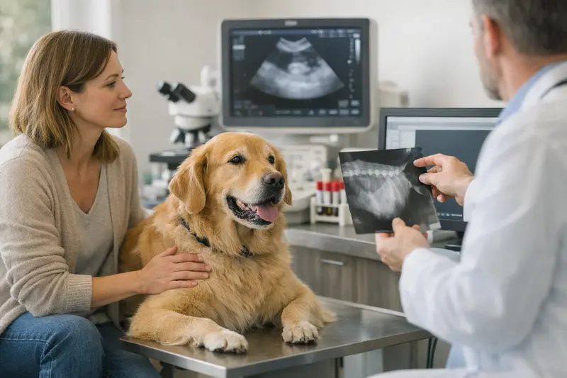 Hund wird beim Tierarzt untersucht, um Diagnosen durch Labor und Bildgebung zu ermöglichen.