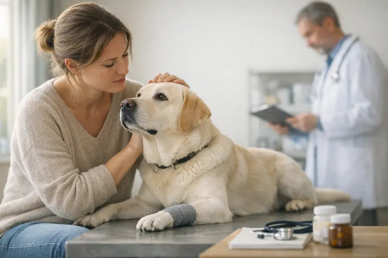 Ein Hund erhält eine tierärztliche Untersuchung, während der Halter über Wartezeiten und Vorerkrankungen nachdenkt.