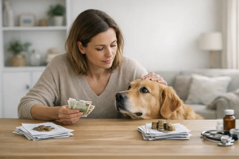 Selbstbeteiligung bei Tierarztkosten für Hunde Ein Hundebesitzer hält eine Rechnung in der Hand, die Tierarztkosten mit und ohne Selbstbeteiligung vergleicht.