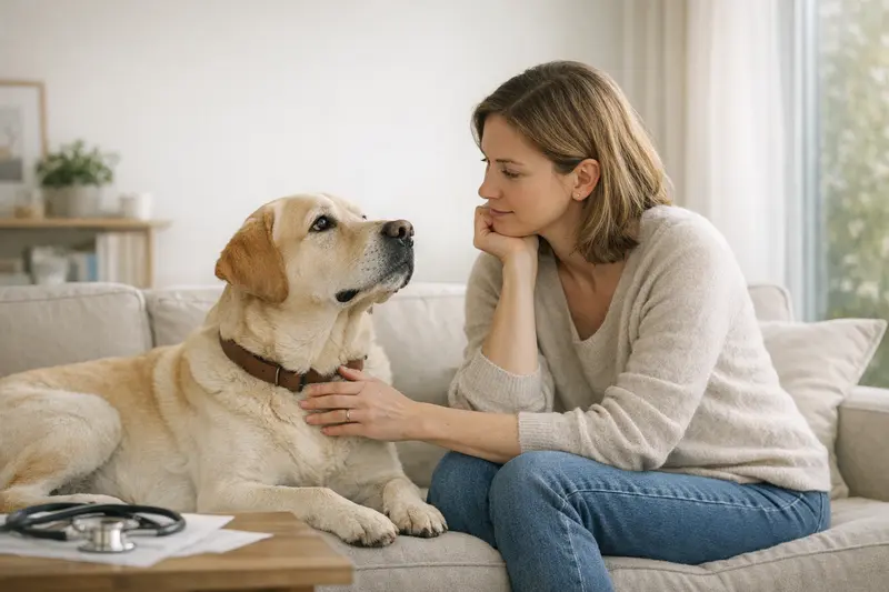 Hundeabsicherung beim Tierarzt Hundehalter, der mit seinem Hund beim Tierarzt sitzt und über mögliche Absicherungsoptionen spricht.