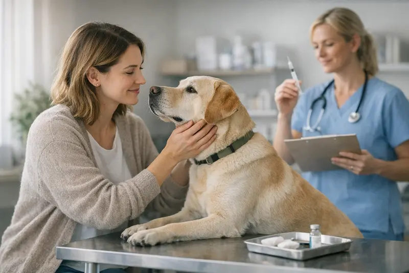 Hundehalter bringt seinen Hund zur Vorsorgeuntersuchung beim Tierarzt.