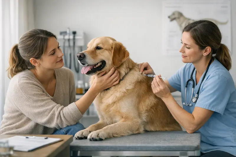 Tierarzt untersucht einen Hund während eines Routine-Checks zur Gesundheitsvorsorge.
