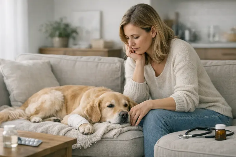 Tierarztbesuch für Hund Ein glücklicher Hund mit einem Tierarzt, der betroffene Stellen am Körper untersucht.