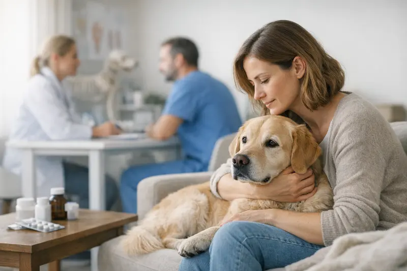 Hund bei Tierarztuntersuchung nach OP Ein Hund liegt entspannt bei einem Tierarzt, bereit für eine Untersuchung nach einer Operation.