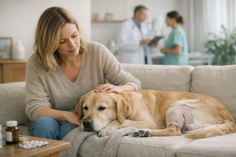 Hund vor dem Tierarzt Ein Hund sitzt besorgt vor einem Tierarzt und wartet auf eine Untersuchung zur OP-Absicherung.