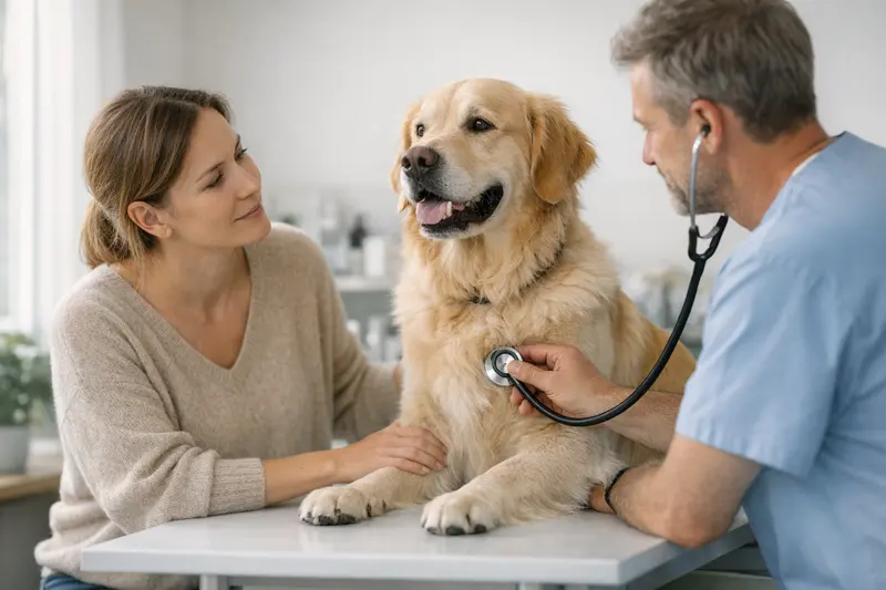 Tierärztliche Vorsorgeuntersuchung für Hunde Ein Hund bei einer tierärztlichen Vorsorgeuntersuchung zur Gesundheitsüberwachung