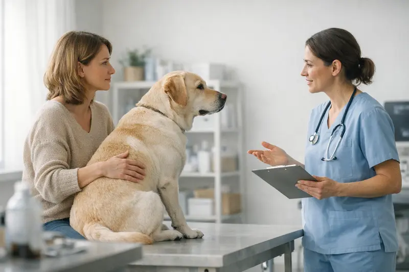Ein gesunder Hund beim Tierarzt für einen Vorsorge-Check-up.