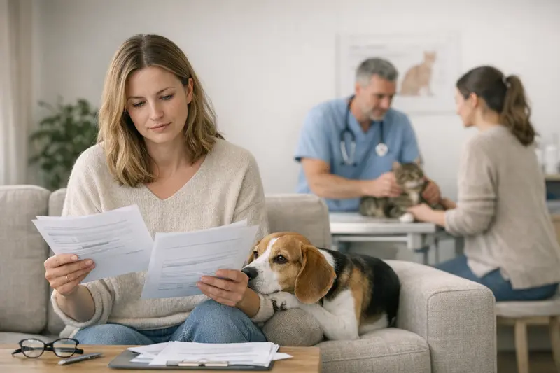 Tierarztkosten verstehen und absichern Hundehalter bespricht Tierarztkosten mit einer Fachkraft, während ein Hund entspannt auf dem Tisch liegt
