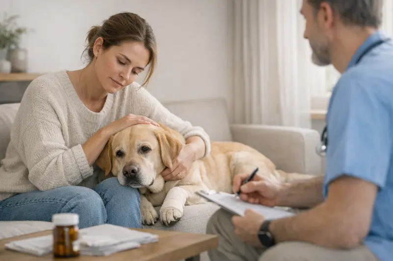 Hund beim Tierarzt aufgrund gesundheitlicher Beschwerden Ein Hund schaut besorgt, während er beim Tierarzt untersucht wird. Der Ausdruck deutet auf gesundheitliche Beschwerden hin.