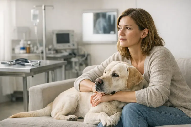Hund beim Tierarzt – Absicherung ist wichtig Glücklicher Hund beim Tierarzt, der eine Untersuchung hat, während sein Besitzer besorgt zuschaut.