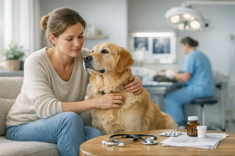 Hund beim Tierarzt - Absicherung sinnvoll? Ein gesund aussehender Hund beim Tierarzt, der die Notwendigkeit einer Hundekrankenversicherung verdeutlicht.