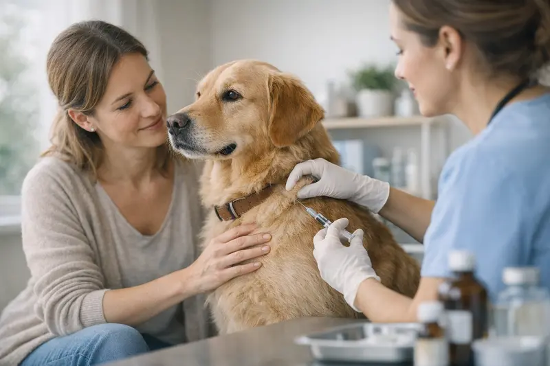 Tierarzt untersucht einen Hund, während eine Halterin besorgt nachfragt