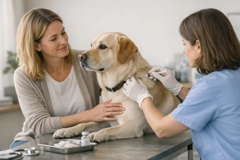 Tierarztbesuch für Hundevorsorge Ein Hundebesitzer bringt seinen Hund zur Vorsorgeuntersuchung beim Tierarzt.