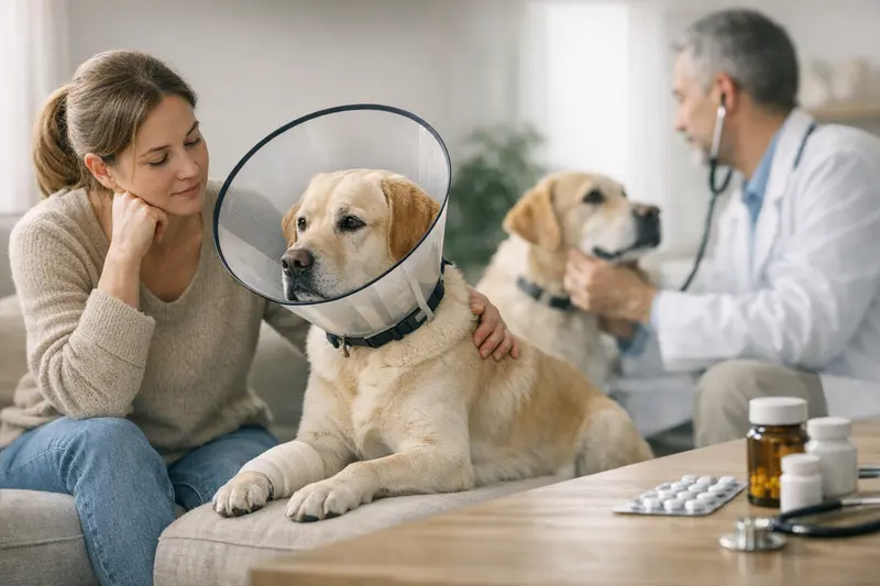 Hund beim Tierarzt: OP-Schutz vs. Ambulante Leistungen Hund beim Tierarzt, der untersucht wird, um OP-Schutz und ambulante Leistungen zu besprechen.