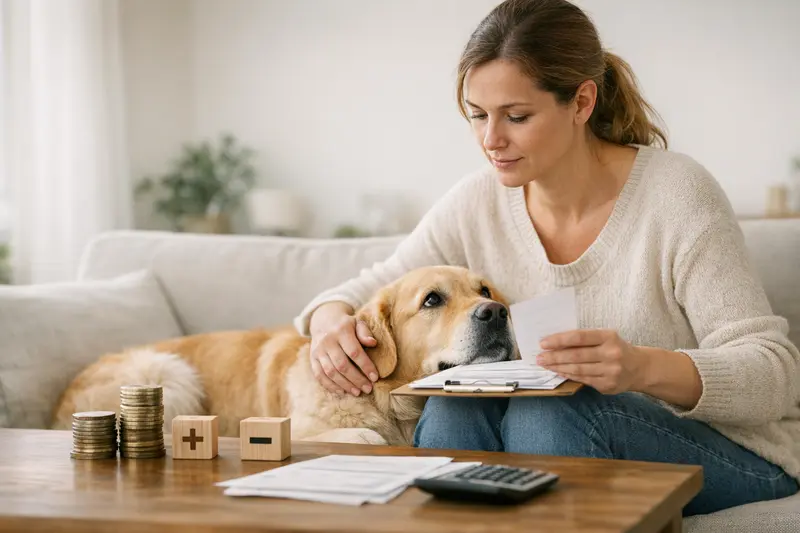 Selbstbeteiligung und Erstattungssatz in der Hundekrankenversicherung Ein Hundergeschirr und Tierarztbedarf auf einem Tisch, symbolisiert die Kosten und Absicherung bei Tierarztbesuchen.