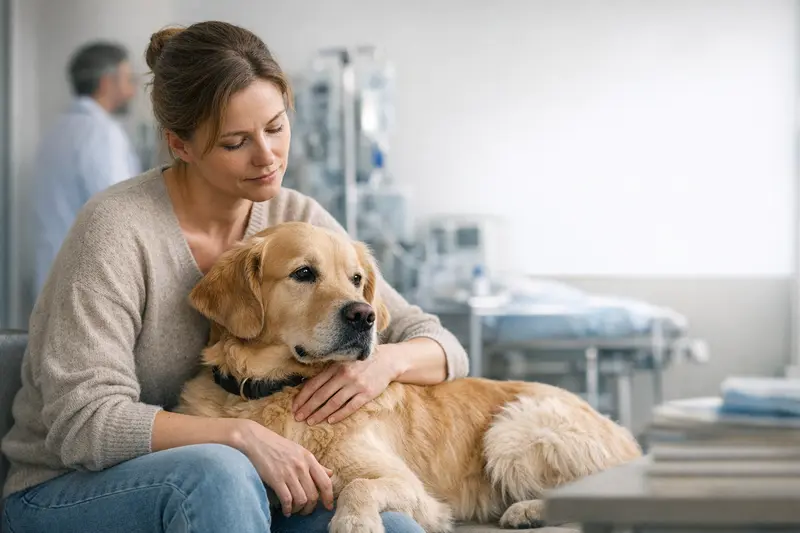 Ein gesunder Hund spielt im Garten, umgeben von seinem Futter und Spielzeug, was die Bedeutung der Gesundheitsvorsorge unterstreicht.