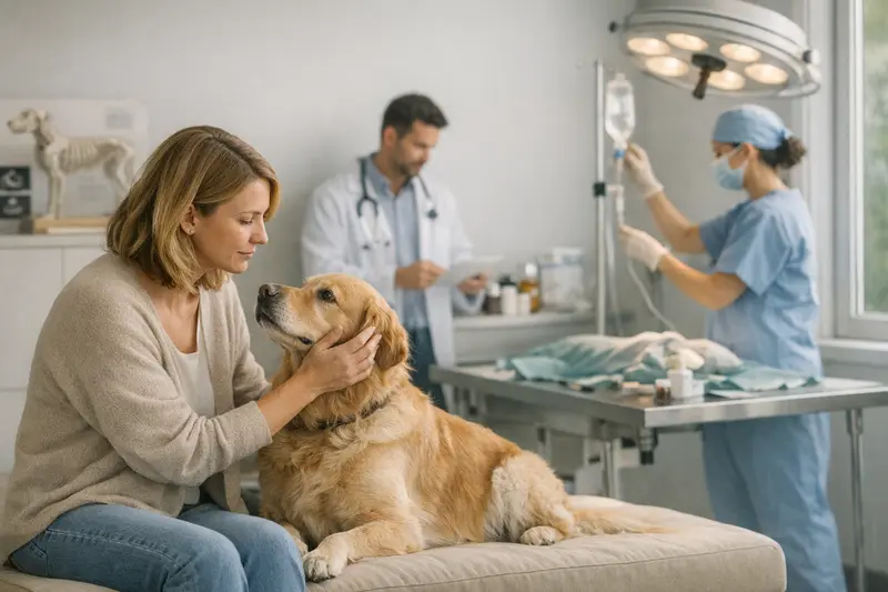 Untersuchung eines Hundes beim Tierarzt Ein Hund wird beim Tierarzt untersucht, um die Unterschiede zwischen OP- und Krankenversicherung zu verstehen.