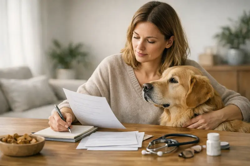 Hundversicherung Vergleich Ein Hund sitzt mit seinem Besitzer und schaut auf eine Prioritätenliste zur Auswahl einer passenden Versicherung.