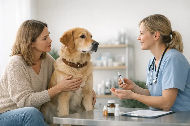Eine vertrauensvolle Beratung beim Tierarzt zu Vorsorgeleistungen für Hunde