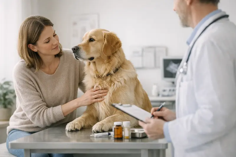 Vorsorgeuntersuchung Hund Ein gesunder Hund bei einer tierärztlichen Vorsorgeuntersuchung.