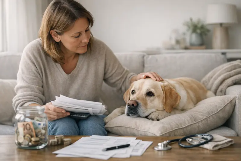 Hund beim Tierarzt, der eine Behandlung mit Selbstbeteiligung bespricht.