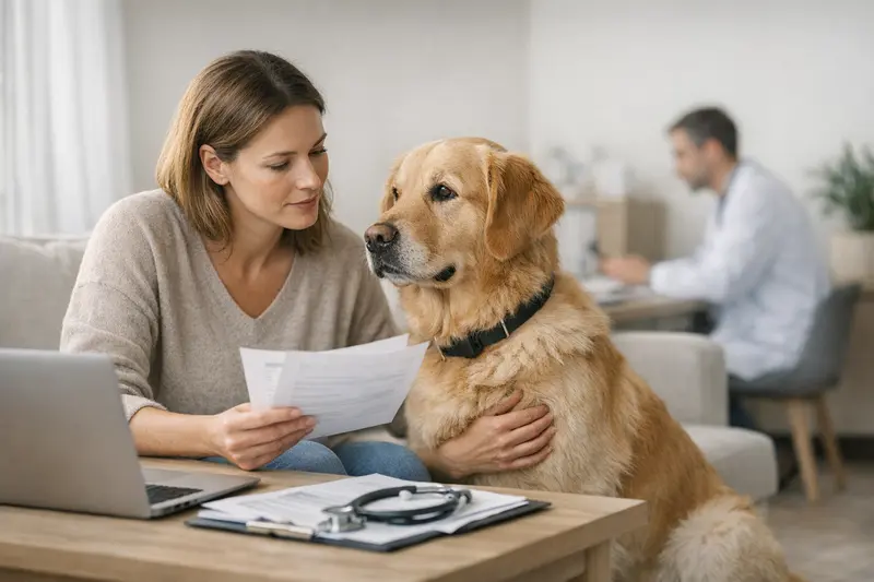 Hundehalter vergleicht verschiedene Versicherungsangebote für seinen Hund, um die beste Wahl zu treffen.