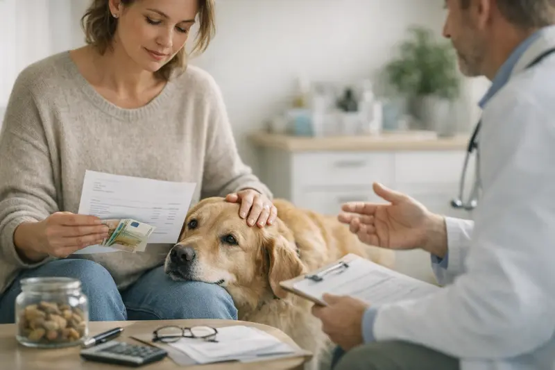 Selbstbeteiligung in der Hundekrankenversicherung Ein Hundebesitzer bespricht mit einem Tierarzt die Selbstbeteiligung bei der Tierkrankenversicherung.
